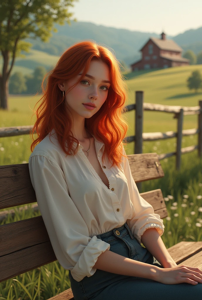 A white woman, with medium wavy red hair sitting on a wooden bench with a farm in the background
