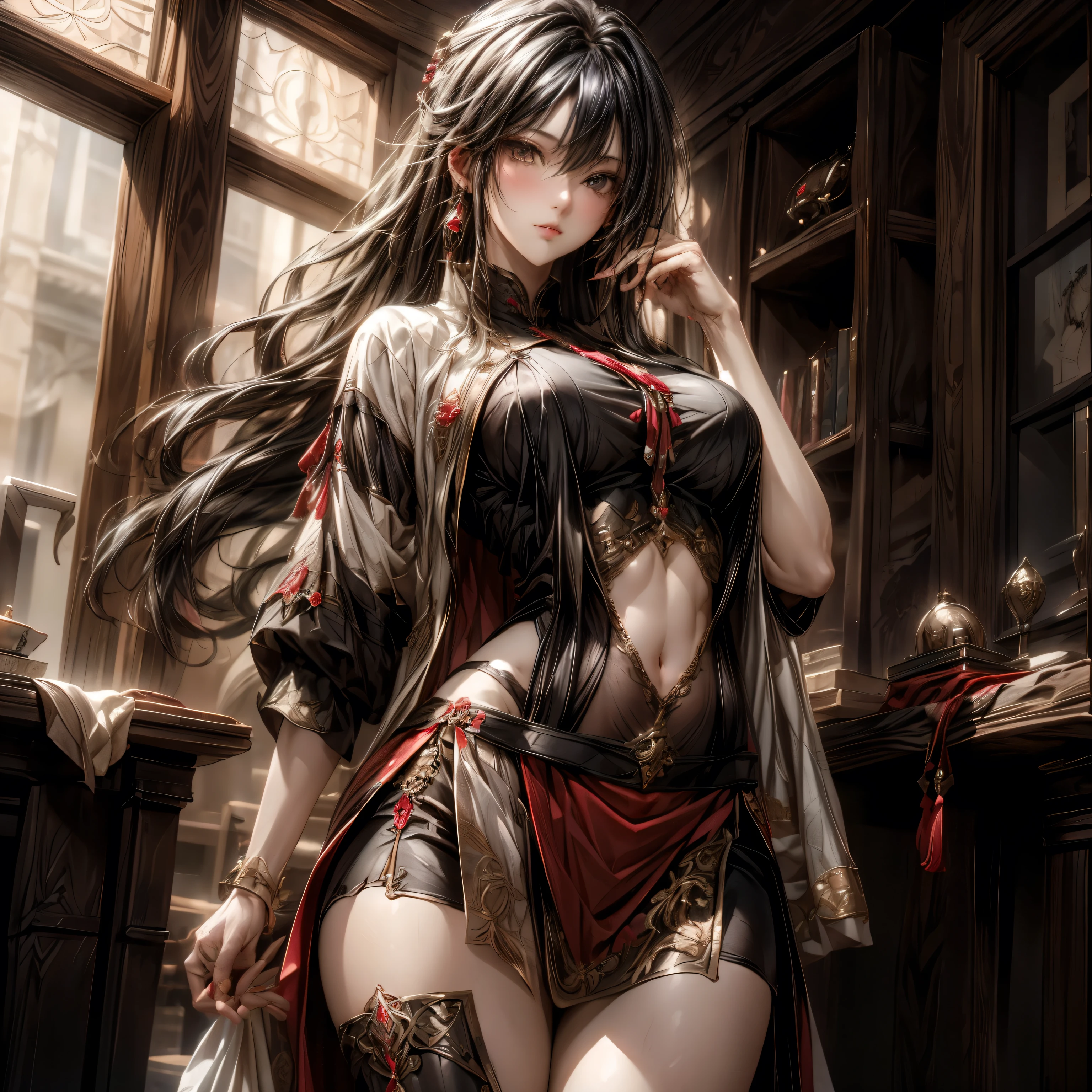 (best quality)), ((Masterpiece)), (details:1.4), 3d, HDR (high dynamic range), an image of a beautiful cyberpunk female, Fantasy, Medieval, Cyberpunk, Black hair, Curtain Bangs, Hips up, Beautiful White eyes, จมูกโด่ง, ปากแดง, หน้าอกใหญ่, nvidia RTX, PBR surface, After processing, Anisotropic filtration,depth of field, Maximum clarity and clarity, multi-layered surface, Subsurface scattering, perfect proportions, 8K raw files, ultra detailed, Perfect proportions, volumetric lighting, soft lighting, Holy Paldin, Heavy Golden Armor, Red dress, intricate Golden embroidery, glossy skin, Bed room Background, jewely, ต่างหู, นิ้วมือสมบูรณ์, mini Red skirt,