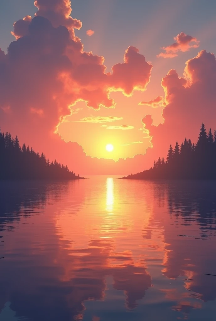 The sun dips below the horizon, casting a warm, golden glow across the sky. Soft hues of orange, pink, and purple blend seamlessly, painting the clouds with a fiery brilliance. The tranquil waters below reflect the fading light, creating a serene and breathtaking moment of natural beauty and calm.