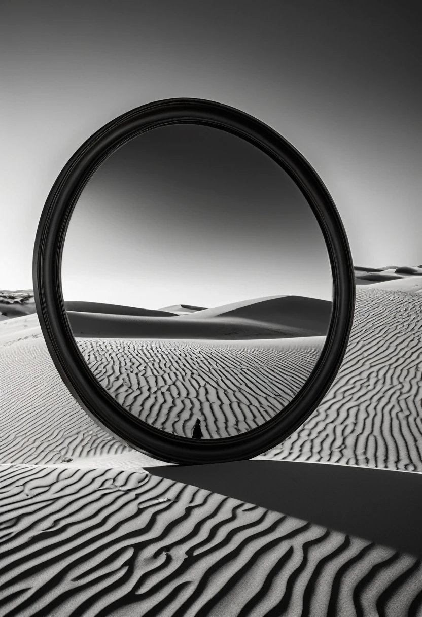 a surreal scene with a continuous series of large, round mirrors, reflecting an antique woman, white sandy dunes, monochrome tones, blurred background, (best quality,4k,8k,highres,masterpiece:1.2),ultra-detailed,(realistic,photorealistic,photo-realistic:1.37),intricate details,cinematic lighting,dramatic shadows,moody atmosphere,chiaroscuro,old-fashioned,antique mirror,antique woman portrait,sand dunes,monochromatic,blurred background