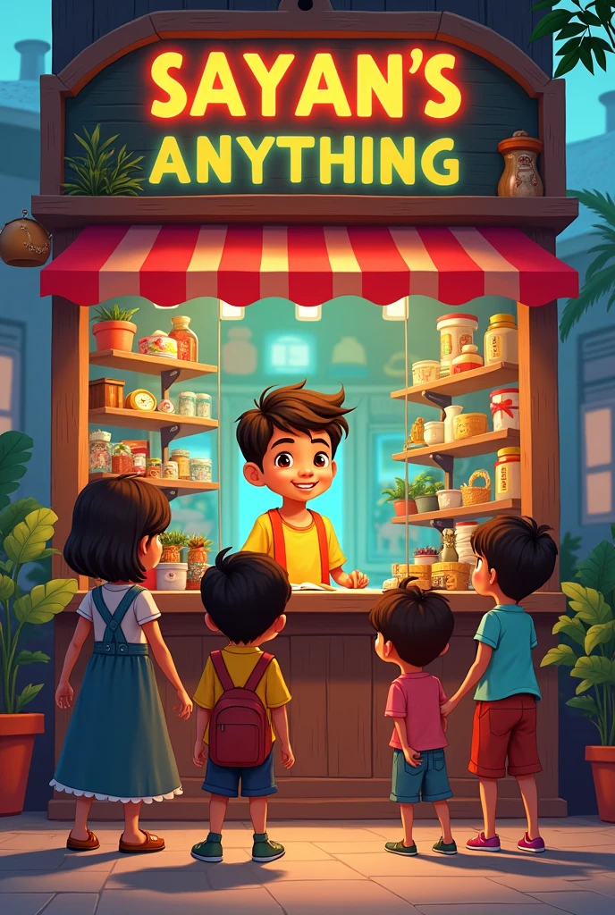 A SHOP OF YOUNG BOY, and his shop name is SAYAN'S ANYTHING. AND 2 BOYS AND 3 GIRLS ARE BUYING FROM THEIR SHOPS.