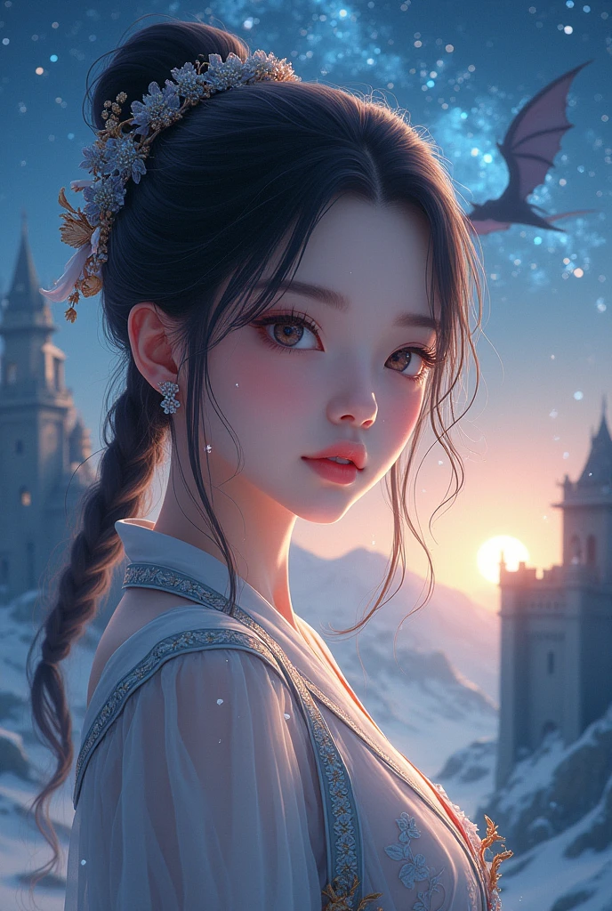 (best quality), (masterpiece), (Ultra-high resolution), (Clear face), (Reality: 1.4), (perfect lighting),(photorealistic:1.30), anime wallpaper, Guviz style artwork , fantasy cover up to magic , by Yang J, Guviz, beautiful artwork illustration, beautiful digital artwork, beautiful digital illustration, Li Song, beautiful anime portrait, art style at Beauvot,illustration, ethereal and beautiful, highly detailed, CG, unity, 8k wallpaper, Amazing, fine detail, official art, highly detailed CG unity 8k wallpaper,absurd, extremely absurd, large file size, highly detailed , high resolution, very detailed,beautiful girl with details, very detailed eyes and face, beautiful detailed eyes,light on the face,cinematic lighting, Dragon, ancient castle, a woman, white skin, ancient clothes, night sky, stars,