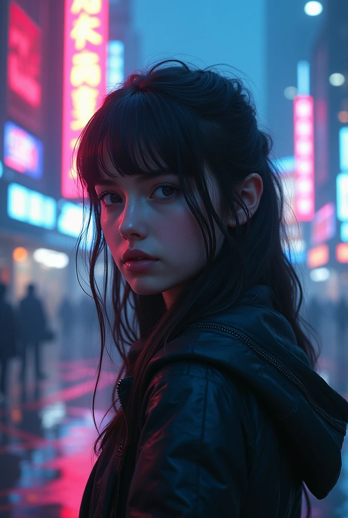 Russian young girl in neon city with pink and blue light with fog 