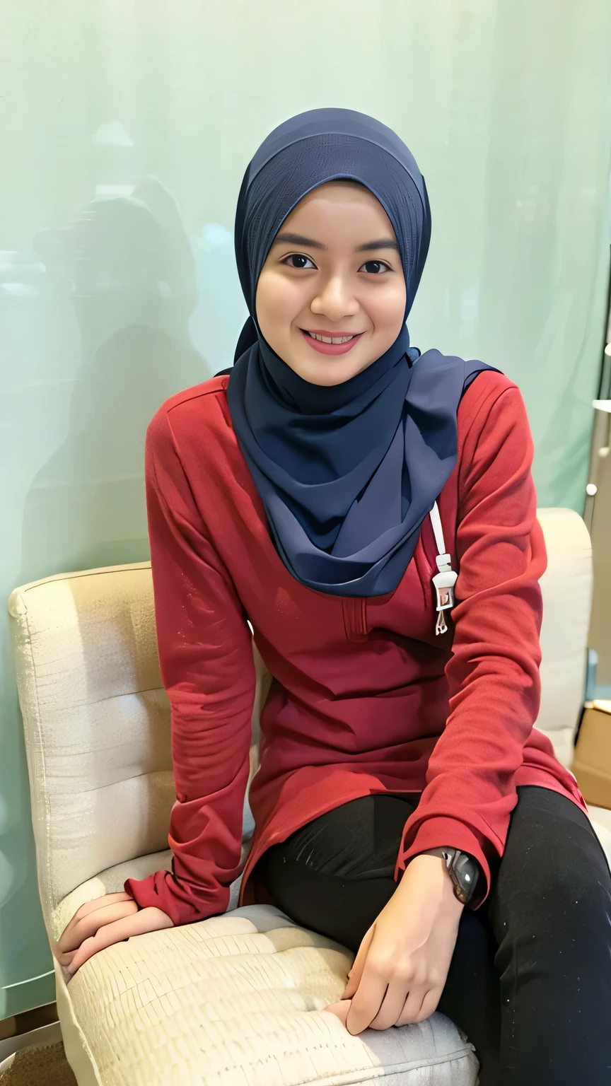 Malay girl in hijab, (wearing tight babushka), breast about to burst out, portrait photography, mid shot photo, ultra detail, professional photograph with professional lighting, smile, light blue studio background, sitting on the chair, in a studio, view from front,