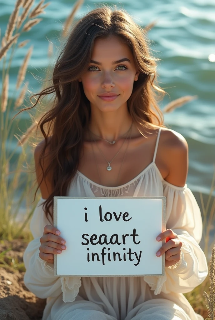 Beautiful girl with wavy long hair, bohemian dress, holding a white board with text "I Love Seaart Infinity" and showing it to the viewer