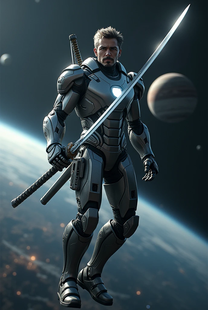 A man fly in the space and holding in katana in hand and planets in background without space suit in iron man suit without helmet 