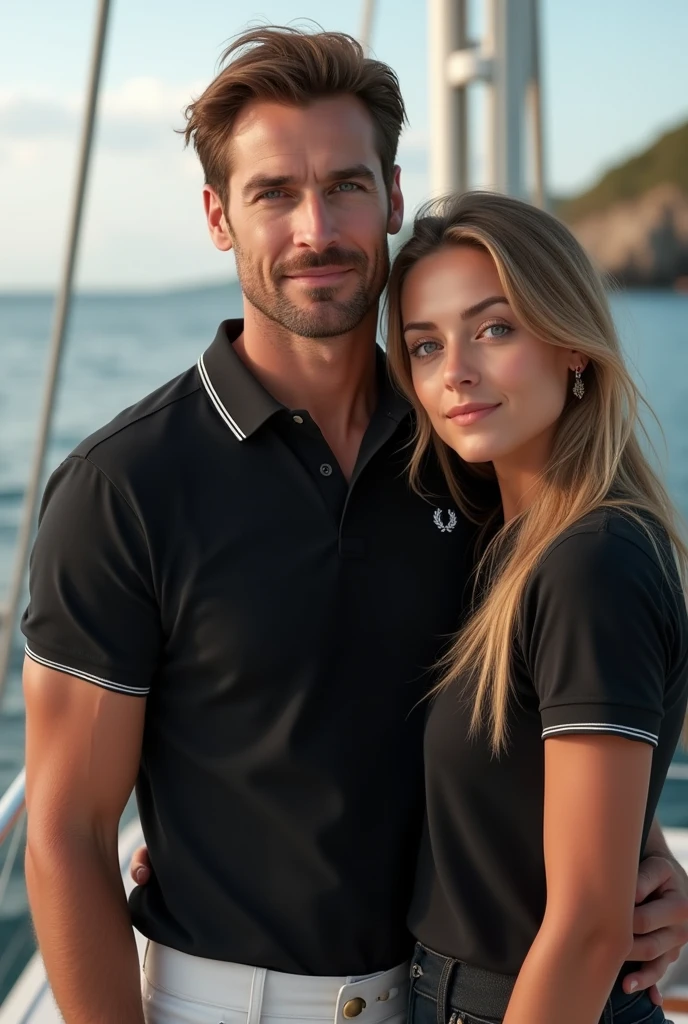 (Photorealism:1.2), man with brown eyes and brown hair wearing a black Fred Perry polo shirt with his blonde wife green eyes long hair on a yacht 8k ultra realistic photorealistic super detailed