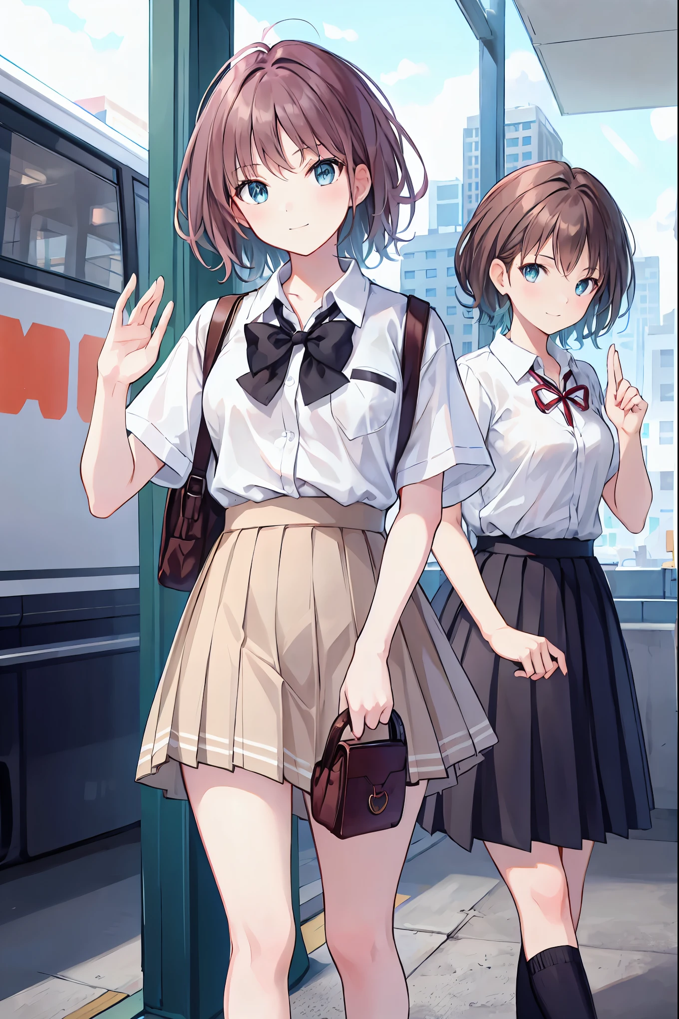 Long Hair, View your viewers, smile, bangs, blue eyes, Multiple Girls, skirt, Brown Hair, shirt, Black Hair, Short sleeve, Brown eyes, Long Hair, Are standing, white polo shirt, pleated skirt, Open clothes, shoes, shoes下, Striped, collared shirt, Raise your hand, Three Girls, bag, Knee-high, plaid skirt, Brown footwear, Flying Sweat, loafers, grey skirt, school bag, Diagonal stripes, station