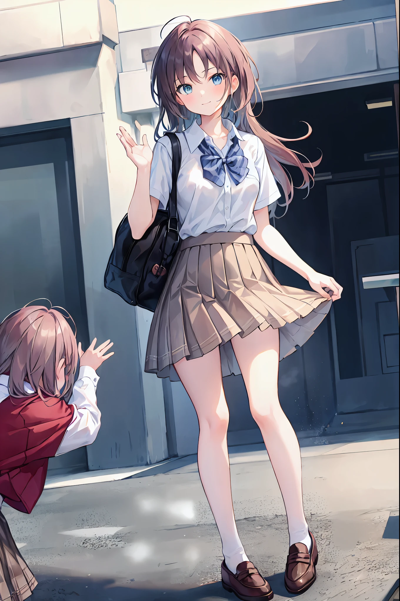 Long Hair, View your viewers, smile, bangs, blue eyes, Multiple Girls, skirt, Brown Hair, shirt, Black Hair, Short sleeve, Brown eyes, Long Hair, Are standing, white polo shirt, pleated skirt, Open clothes, shoes, shoes下, Striped, collared shirt, Raise your hand, Three Girls, bag, Knee-high, plaid skirt, Brown footwear, Flying Sweat, loafers, grey skirt, school bag, Diagonal stripes, station