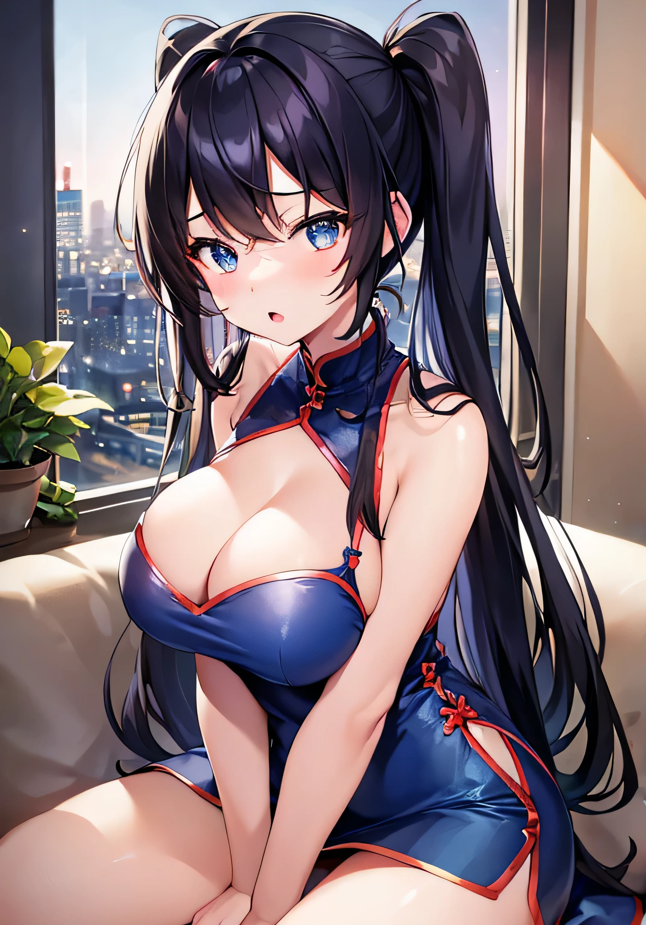 masterpiece、Highest quality、Ultra-high resolution、nsfw、age girl with big breasts、twin tail hairstyle、black hair、Red face、shyly、open your mouth just a little、Blue cheongsam dresses with visible cleavage for teengirls、Blue Mini Tight Skirt with Slit、Blue Form-fitting dresses with visible cleavage for teenage s、sit on the sofa、Inside an hotel with a night view of a high-rise building、at night time