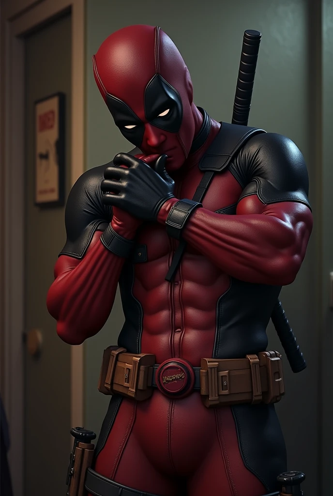 (masterpiece, intricately detailed, highest resolution, best quality:1.2), (doujin), a cocky Reed Richards, superhero physique,a 51 y.o muscle stud with a muscular physique sitting on a chair with black eyes,dark-skinned male, wearing a ((Deadpool-Style uniform semi-opened, chav, armbands)), (excessive cum), (cum on body), (cum drip), flaccid penis,saggy balls,hairy chest,vascular,muscle striations,soft light,fantastic realism, 