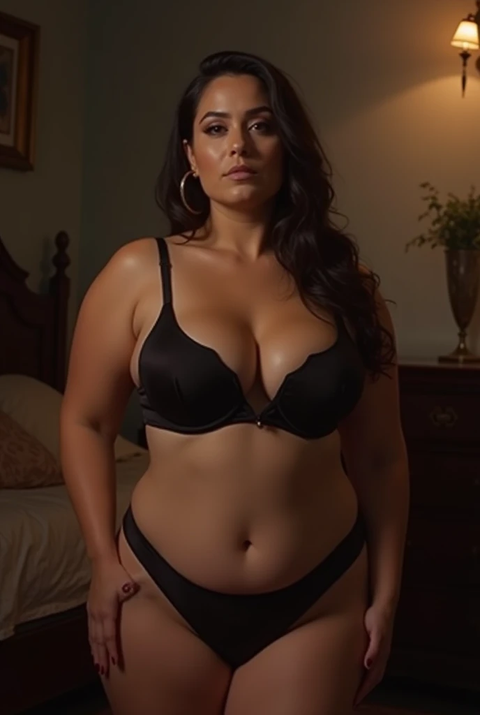 mature woman, big breast,beautiful body, (Create a realistic and photorealistic photo image)、whole body、black bra、Dimly lit place、blur, tint, depth,