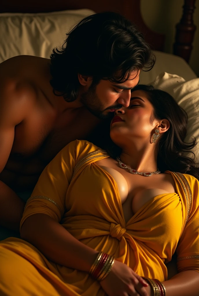 photo of Voluptuous Mature Indian Aunty, Dusky skin and Wet body, Wearing Yellow Kurti and Stole Tied around her Neck, Wearing Bangles in Hand, Large U Cut Cleavage exposed, Lying on Bed and Kissing a Young Man sensually on Lips, dim light in the room.