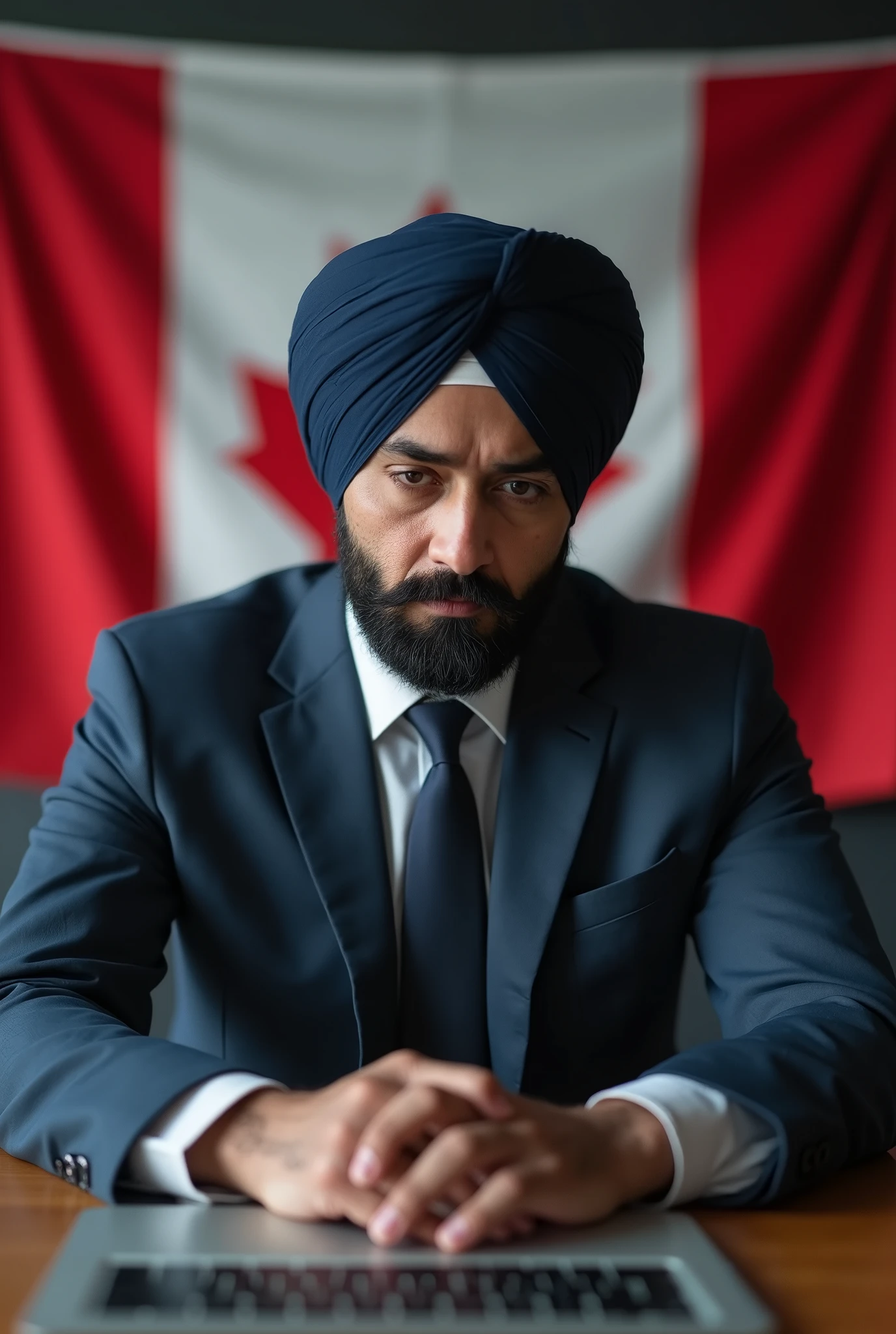 Sad Sardar wearing formal attire and looking at laptop, there is canadaian flag behind him