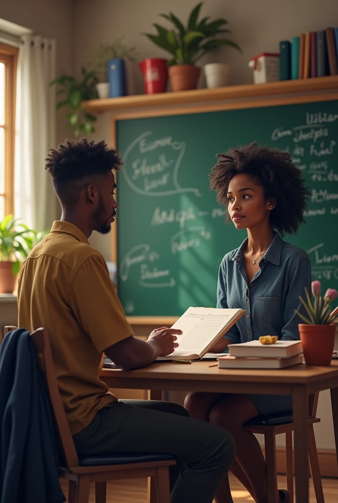 Professeur 30ans De teint chocolat assis avec l'élève au tableau, cours de renforcement à domicile