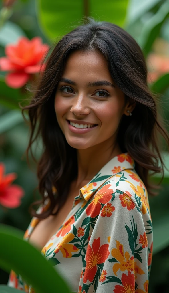 A Brazilian woman in a lush tropical garden, wearing an open shirt with a floral print, with a close-up capturing the harmonious beauty between her breasts and the natural flowers, showing off your natural charm and outgoing personality.