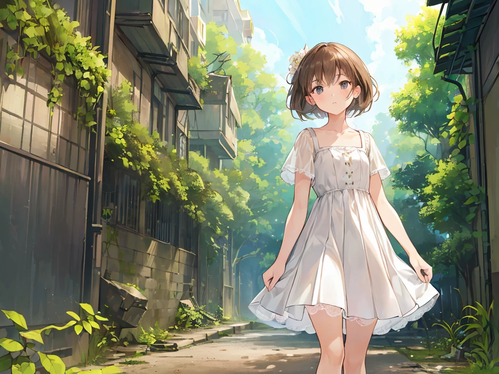 (masterpiece:1.2), best quality, highres, original, (extremely detailed:1.2), ultra-detailed, wallpaper, perfect lighting,(extremely detailed CG:1.2), 8k, anime illustration, 1boy, solo, crossdressing, (brown hair, Bob hairstyle,haircut:1.1), (white knee-length dress, summer dress, pleated dress, short sleeves, lace hemline, black line bottom the dress, delicate dress, flat chest:1.2), walking in urban ruins, (urban ruins filled with natural vibes:1.2), (anatomically correct:1.5), full body, (cityscape background:0.8), overgrown plants, crumbling buildings, sunlight filtering through trees, peaceful expression, sunny