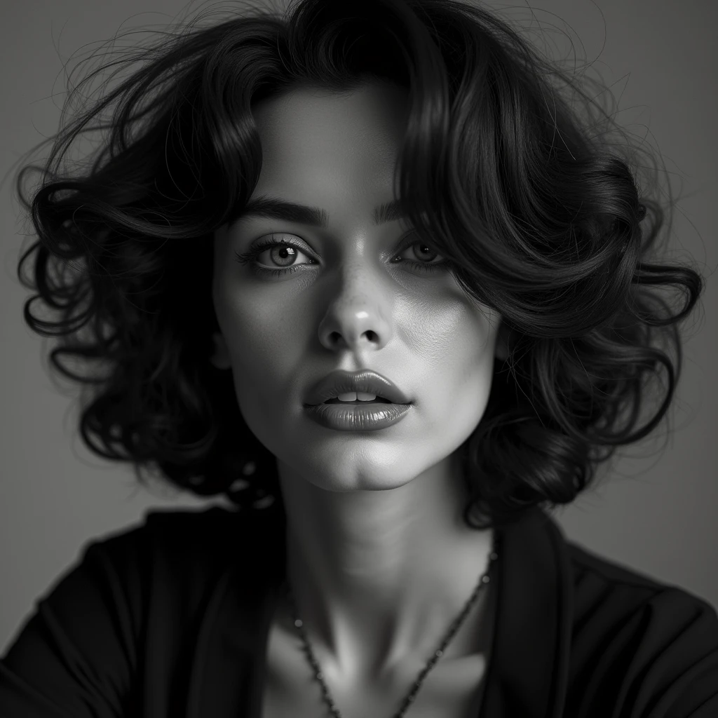 Beautiful, defined jawline, voluminous hair,( puffy lips:1.2), Thepit style, detailed, black and white photograph