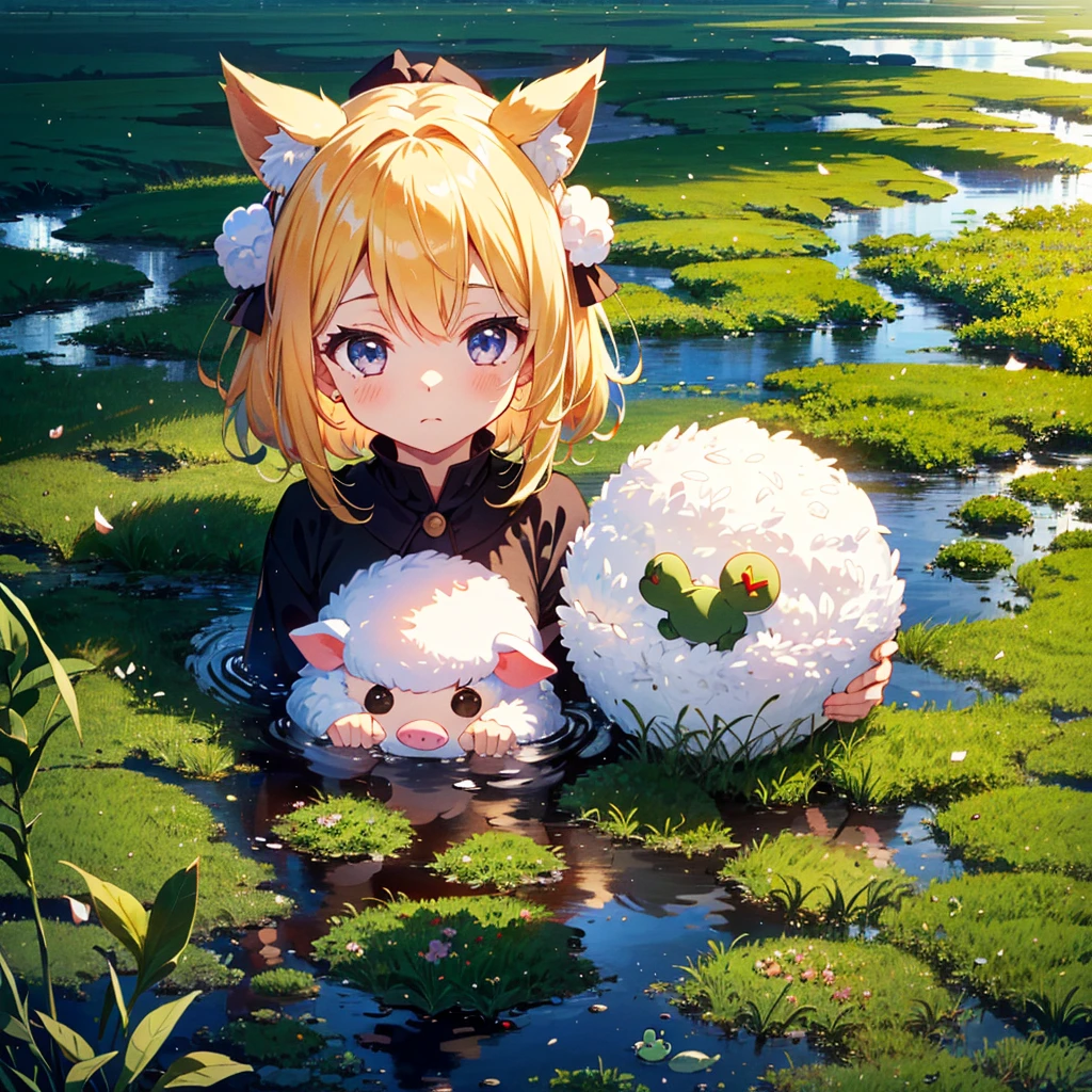 {{{Masterpiece, highest quality, high resolution background}}}, bright and beautiful atmosphere, 1 girl (, round face, baby face), small breasts, vast rice field and ripe rice ears, girl with many rice ears , Mini pig with a frog on its head ``Deltamon_sdXL'':0.73)>Deltamon''