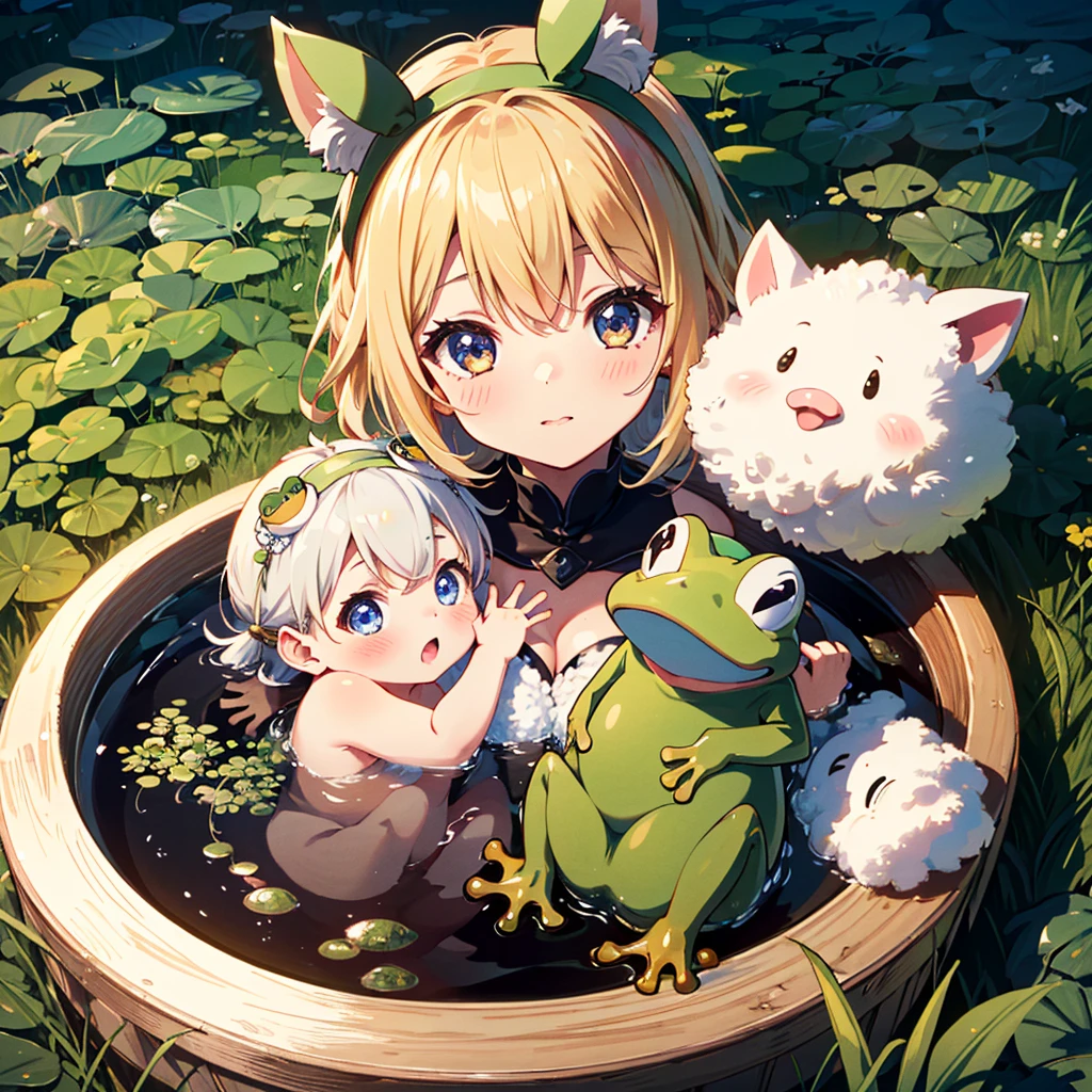 {{{Masterpiece, highest quality, high resolution background}}}, bright and beautiful atmosphere, 1 girl (, round face, baby face), small breasts, vast rice field and ripe rice ears, girl with many rice ears , Mini pig with a frog on its head ``Deltamon_sdXL'':0.73)>Deltamon''