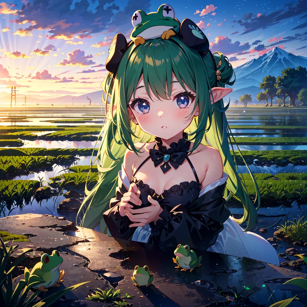 {{{Masterpiece, highest quality, high resolution background}}}, bright and beautiful atmosphere, 1 girl (, round face, ), small breasts, vast rice field and ripe rice ears, girl with many rice ears , Mini pig with a frog on its head ``Deltamon_sdXL'':0.73)>Deltamon''