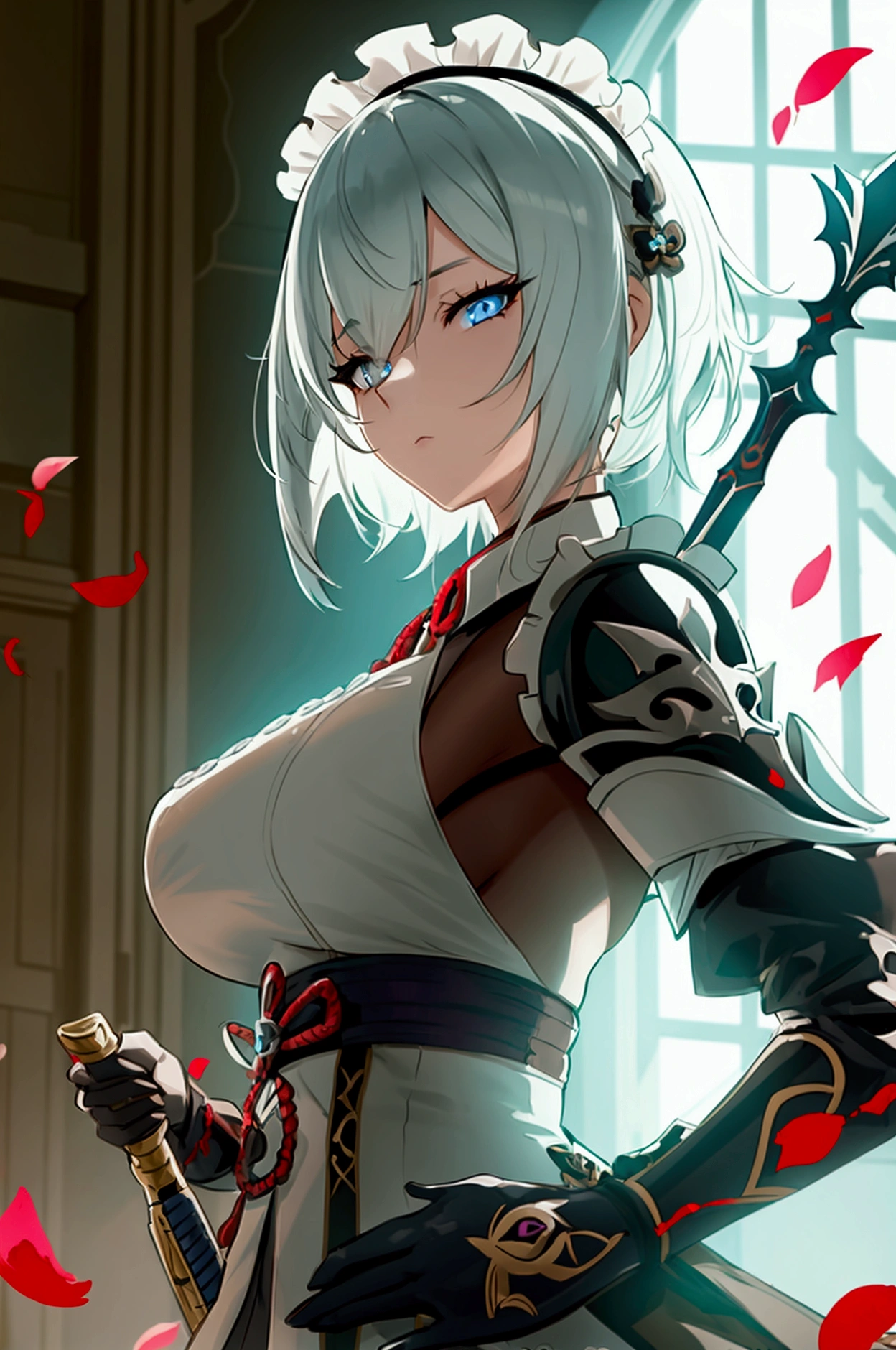 one girl, dynamic pose, extremely detailed, simple colors, holding weapon, battle maid, beautiful, anime style, psychopath like theme, short white hair, full body, intricate details, dramatic lighting, cinematic composition, high contrast, vibrant colors, chiaroscuro, digital art, concept art, masterpiece, , HDR,, detaled outfit, show full body, genshin style