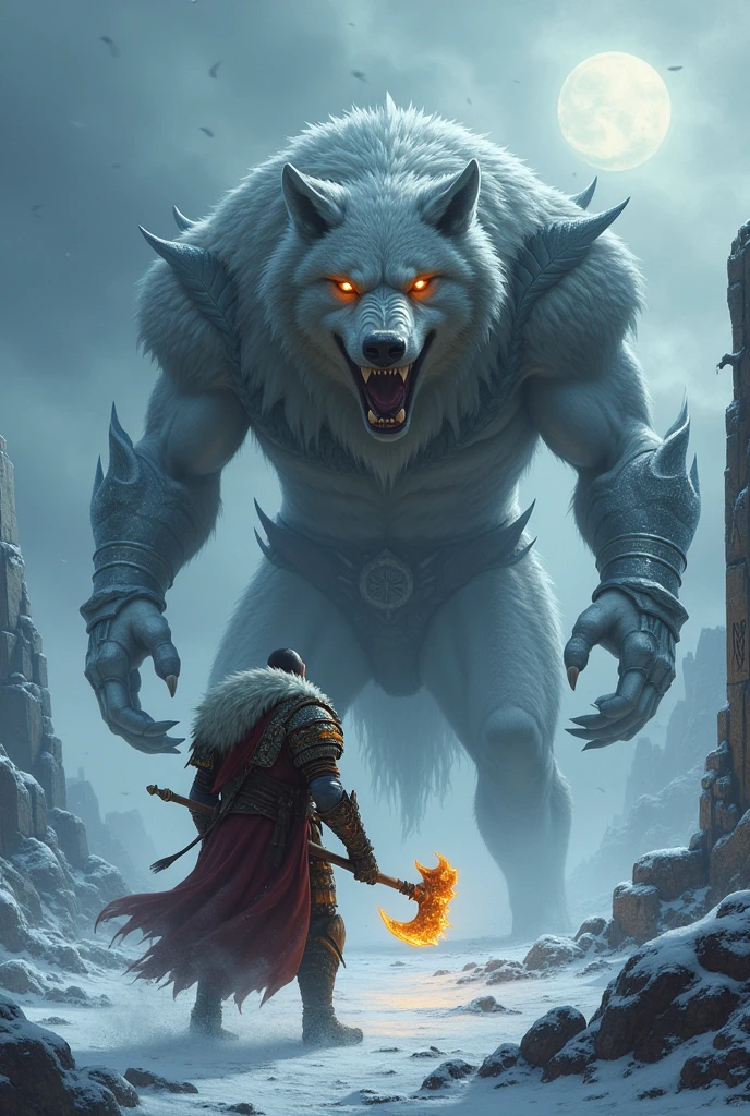**Prompt:**
*"Depict an intense, mythic confrontation between a lone warrior and a colossal, armored wolf in a desolate, snow-covered landscape. The wolf towers above the warrior, its fur matted with ice and snow, glowing amber eyes filled with primal fury. The warrior, clad in heavy, rune-engraved armor with a tattered fur cloak, wields a glowing, enchanted battle axe, poised to strike. The scene is set against a backdrop of ancient, shattered ruins and a stormy, overcast sky, with snow swirling violently around them. Emphasize the sheer size difference between the warrior and the wolf, capturing the tension and determination in the warrior's stance. Include intricate details such as the snow crunching underfoot, the icy breath of the wolf, and the faint glow of ancient runes on the ruins, with the entire scene drenched in a cold, muted color palette punctuated by the fiery glow of the warrior’s axe and the wolf’s eyes."*
### Instructions for SeaArt AI:
1. **Model Selection:**
- **Epic Fantasy Vibes**: Focus on capturing the grand, mythic scale of the confrontation with detailed textures and dramatic lighting.
- **LoRA**: Enhance the details in the warrior’s armor, the wolf’s fur, and the snow effects for a more immersive scene.
2. **Style and Lighting:**
- **Dark Fantasy Realism**: Prioritize realistic textures with a stylized approach to the lighting and color contrasts.
- **Dramatic Lighting Effects**: Use light from the enchanted axe and the wolf’s eyes to create dynamic contrasts against the cold, muted background.
3. **Image Refinement:**
- Generate several images and select the one that best captures the dramatic tension and epic scale.
- Use the **Canvas** tool to adjust character positioning, ensuring the wolf’s size and menace are emphasized.
- Apply **Swift AI tools** for sharpening details and improving image resolution, especially in the snow and fur textures.
4. **Color Palette:**
- Cold, muted blues, and grays for the ba