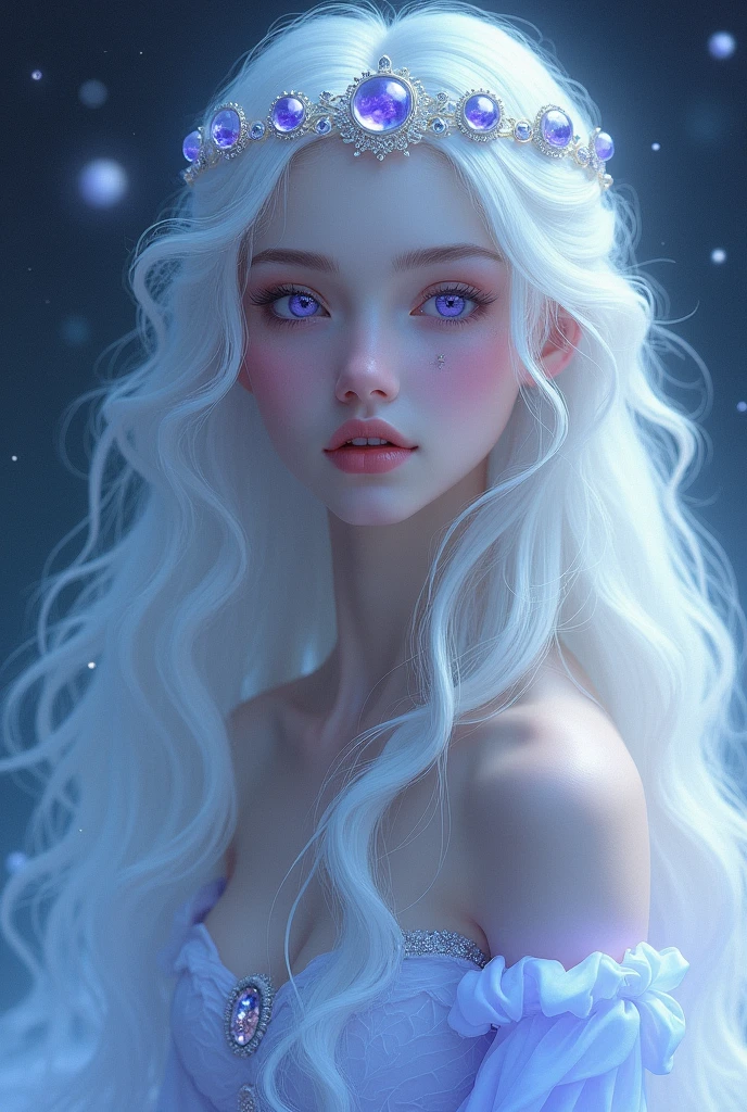 Moon princess with white hair and lavender eyes long hair age18-20