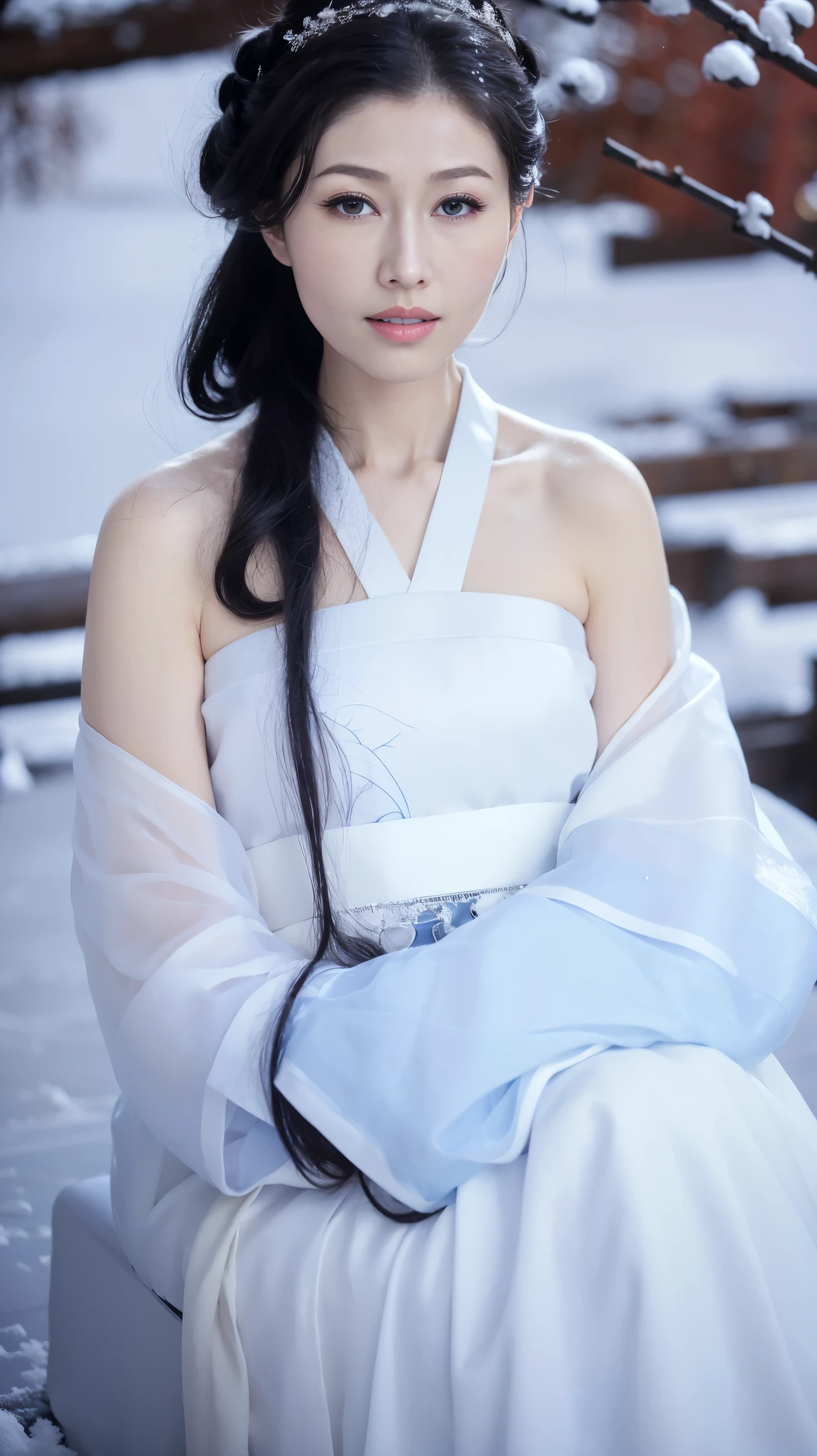 1 Fashion Model [[[[close up]]]], [[[[neck]]]], [[[[Shoulder]]]], (((Complete head)))，(((Complete hairstyle)))，Perfect eyes, Perfect Iris，Perfect lips，Perfect Teeth，Perfect skin，White skin，Soft headlights，High-density imaging，Black long hair，（Clean and delicate face），((White fur winter hanfu))，((Half-length photo))，((The background is a snowy scene))，((winter))，((Various dynamic poses))，((The background is a snowy scene))，best quality，masterpiece，（Soft colors：1.2）
