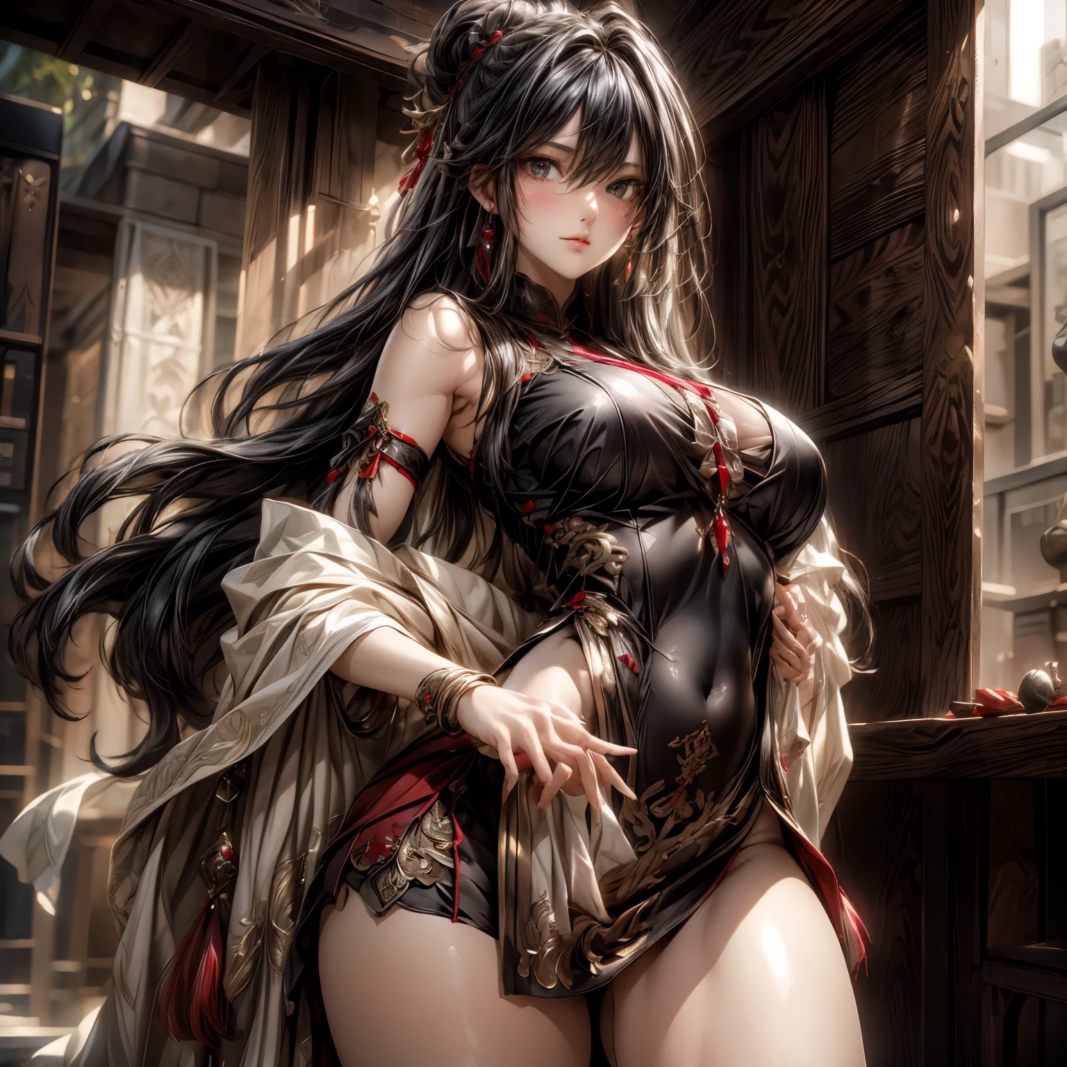 (best quality)), ((Masterpiece)), (details:1.4), 3d, HDR (high dynamic range), an image of a beautiful cyberpunk female, fantasy, medieval, Cyberpunk, black hair, Curtain Bangs, Beautiful White eyes, จมูกโด่ง, ปากแดง, หน้าอกใหญ่, nvidia RTX, PBR surface, After processing, Anisotropic filtration,depth of field, Maximum clarity and clarity, multi-layered surface, Subsurface scattering, perfect proportions, 8K raw files, ultra detailed, Perfect proportions, volumetric lighting, soft lighting, Holy Paldin, Heavy Golden Armor, white dress, intricate Silver embroidery, glossy skin, Bed room Background, jewely, ต่างหู, นิ้วมือสมบูณ์, mini red skirt,