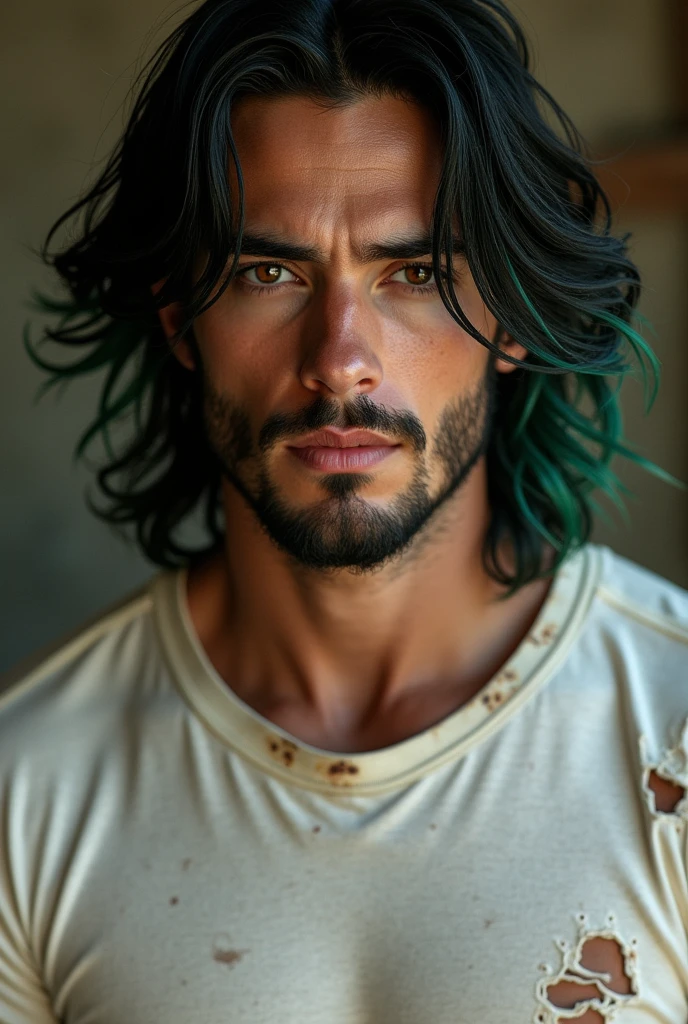 Sexy man with brown eyes and long black hair with green ombre, with pleasant and delicate facial features, dressed in a torn white T-shirt, rocker, beard