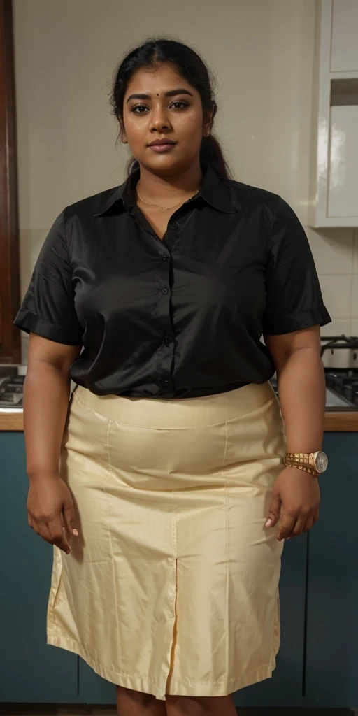 A 3 plus sized South Indian women wearing a cream colour silk short skirt and black colour shirt, standing in a kitchen 