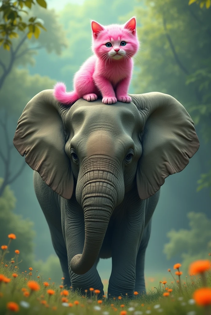 Pink cat on an elephant
