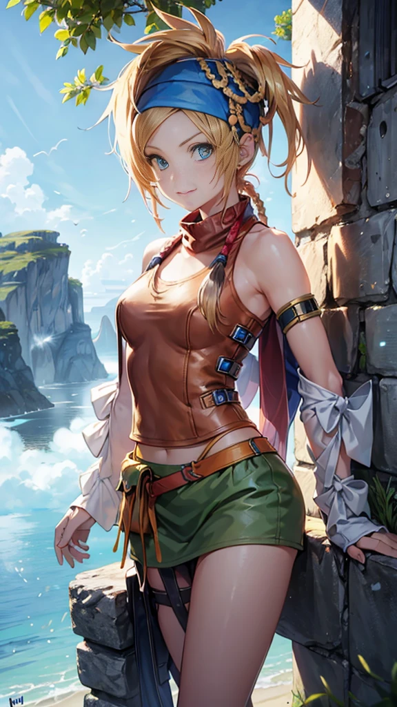 Rikku, the vibrant and lively Vygasian heroine from Final Fantasy X-2, is depicted in this stunning image. She sits confidently on an old stone wall, with one leg crossed over the other, exuding an aura of strength and determination. A gentle breeze playfully ruffles her short bobbed hair, adding an element of dynamism to the scene. Rikku's trademark blue and white mini-dress adorned with loops and pockets is visible, as well as her signature bandana around her neck. With a smirk on her lips and her piercing blue eyes focused intently on the viewer, Rikku strikes an utterly captivating pose.