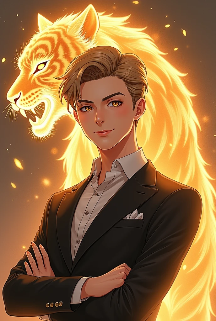 Manhwa style, A young man, Highschool student, maduro, high, elegant, arrogant, smiling, mischievous expression, hair combed to one side, light brown hair and eyes, eyes shining with curiosity, behind him a very subtle simple transparent aura with a bright golden tiger shape as if it were an alter ego