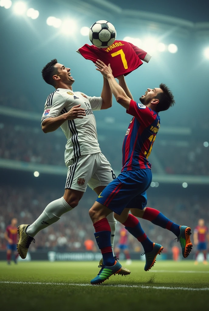 Cristiano Ronaldo and Messi catching jersey with name Makesh Reang 7