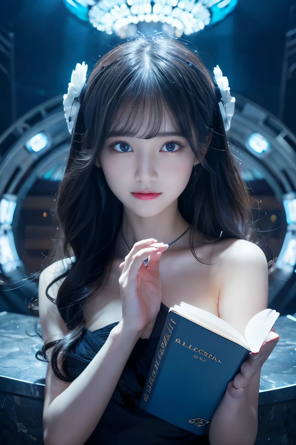 Fantastic Stage,night, dark, (Fantasy),unlimited,Deep blue sky,The Depths of Knowledge,Cowrage,((Tabletop)), (((highest quality))),((Beautiful Eyes)),(eyelash)、Realistic Clouds、Very beautiful face、Ultra-high resolution、Girl singing with microphone、(1 girl)、Black Hair、Long-haired、Eye of the Abyss、Glowing Skin、oil、、Perfect Human Anatomy、、Teenchi、Super delicate CG Unity 32kwallpaper、Photorealistic、masterpiece, ((Ultra-detailed)), ((Awareness-raising)),colorful,wallpaper,energy,Fear of the unknown,Understanding cannot,Book,Flying Page,Know it all,Predicting the future、Know the past、Unlimited Wisdom、blue flame