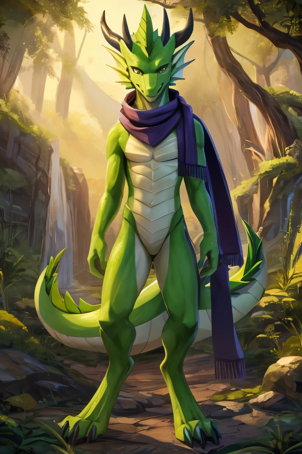 ultra-detailed, masterpiece, masterwork, high quality, best quality, hdr, (nature), posted on e621, (by Chunie ), nsfw, male, solo, chibi, ((nude, foreskin, perfect balls, pubic hair)), (green body dragon), dragon, (white body), (dragon face, long silver hair, yellow eyes), standing, from below, dynamic angle