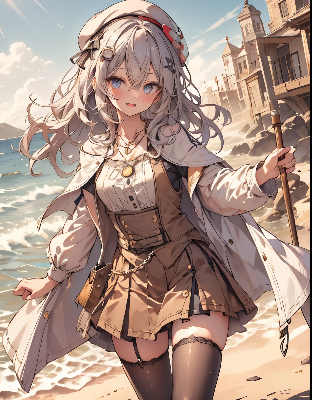 masterpiece, 1 girl, sparrow, a silver haired girl, wearing am alchemy clothes, curly medium hair, messy hair, slim body, he close her left eye, shirt ornament, ruby eyes, ahoge, baby face, long sleeves, beautiful eyes, white stocking, droopy eyes, her age is 19, azusa_bluearchive, seductive face, medium hair, seductive smile, curly hair, villa on the beach, MongolPunkAI, medium breasts, view from right down, she tease you, lend a hand to you, she very close to you, smug smile, rainbow_one, pleated skirt, crocth tattoo, necklace, open mouth, tongue out, brown shirt, beret, wearing white cape coat