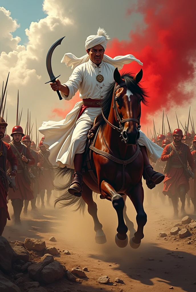 Create an illustration of a historical battle scene featuring Prince Diponegoro, a key figure in the Indonesian struggle against colonial forces. Prince Diponegoro should be depicted in a white traditional outfit, holding a kris (dagger) and riding a horse. He is leading his troops in a fierce confrontation against colonial soldiers, with a dramatic and dynamic atmosphere highlighting the intensity of the battle. The prince wears a turban on his head and a blood red war aura. Gambar sedang galam lokasi pertemouran, tambahkanadegan tertembak dan lain lain yg menggambarkan pertarungan sengit, pasukan pangeran diponegoro adalah rakyat biasa melawan kolonial, buat kudanya melompat dan bentuk gambar landscape. Buat pangeram diponegoro menggunakan sorban warna putih, tambahkan ekspresi kesulitan dan menggunakan keris berliuk