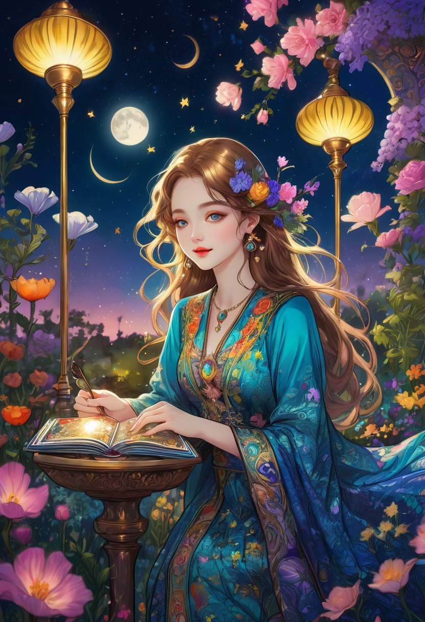 Tarot, beautiful, a girl reading Tarot,Smiling girl,Beautiful details,Delicate lips,Tarot,古代Tarot,illustrated Tarot,Vibrant colors,Mysterious atmosphere,Magic Garden,Flowers in bloom,moonlight,Night Sky,Soft light,Art Oil Painting,High-resolution images,(masterpiece:1.2),Very detailed,Practical,Bokeh