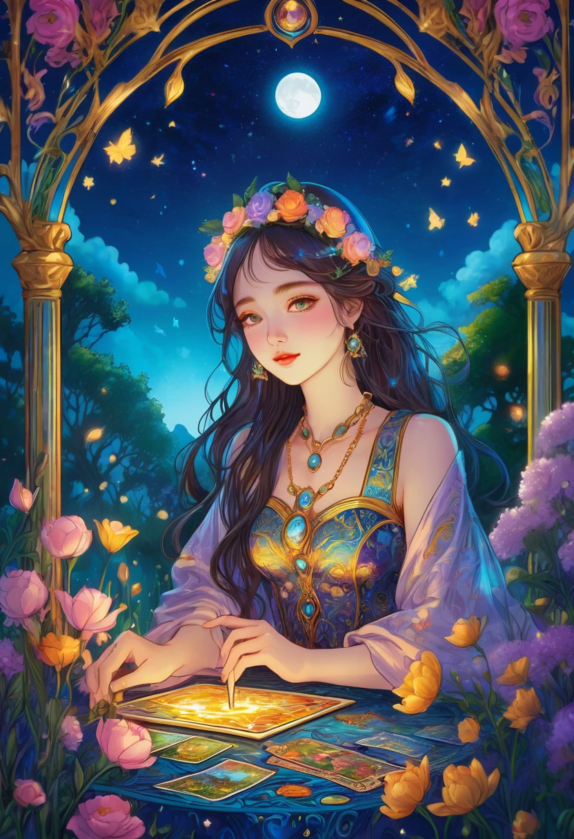 Tarot, beautiful, a girl reading Tarot,Smiling girl,Beautiful details,Delicate lips,Tarot,古代Tarot,illustrated Tarot,Vibrant colors,Mysterious atmosphere,Magic Garden,Flowers in bloom,moonlight,Night Sky,Soft light,Art Oil Painting,High-resolution images,(masterpiece:1.2),Very detailed,Practical,Bokeh