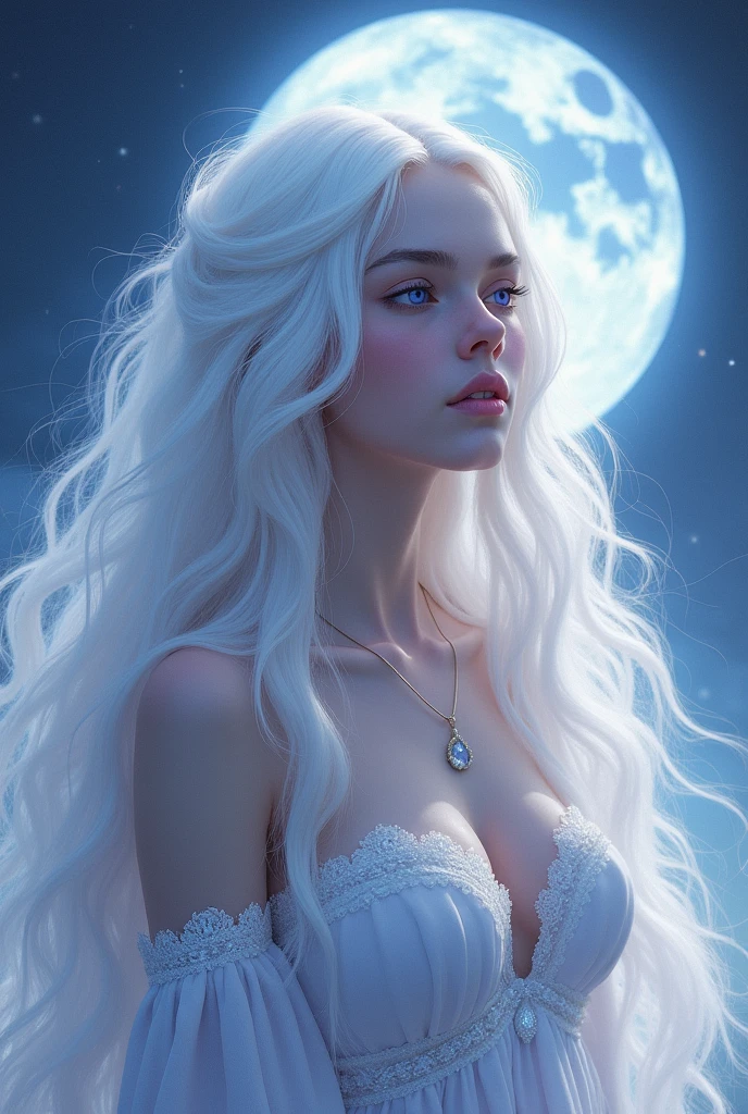 Moon princess with white hair and lavender eyes long hair age18-20