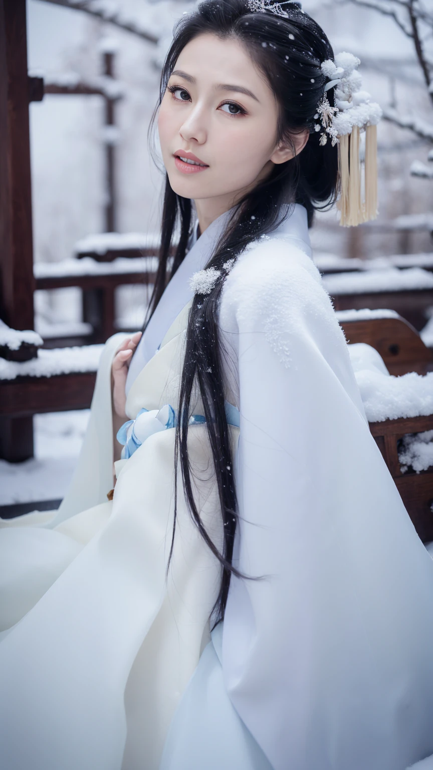 1 Fashion Model [[[[close up]]]], [[[[neck]]]], [[[[Shoulder]]]], (((Complete head)))，(((Complete hairstyle)))，Perfect eyes, Perfect Iris，Perfect lips，Perfect Teeth，Perfect skin，White skin，Soft headlights，High-density imaging，Black long hair，（Clean and delicate face），((Simple fur winter Hanfu))，((Half-length photo))，((The background is a snowy scene))，((winter))，((Various dynamic poses))，((The background is a snowy scene))，best quality，masterpiece，（Soft colors：1.2）