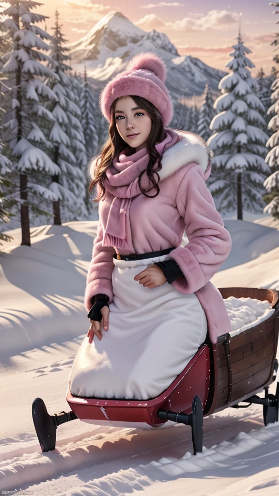 young pink fur coat, with fluffy fox fur, pink winter hat, ear protector, colorful scarf, on a snow sled, snowy landscape scene, beautiful idyllic magical scene, epic, masterpiece, HD, 8k