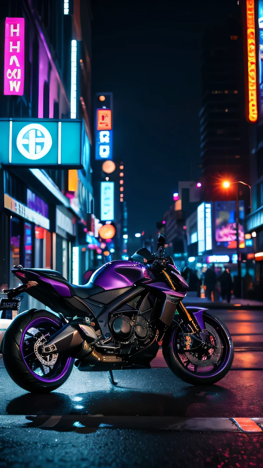 a motorcycle parked on a night street of a modern city, neon lighting in purple tones, photorealism, detailed description, hyper realistic, 8k, best quality, highly detailed, cinematic lighting, dramatic atmosphere, glossy surfaces, glowing neon lights, urban environment, city skyline, skyscrapers in the background, reflections on wet pavement, motion blur, depth of field, vibrant colors, dramatic shadows, moody lighting