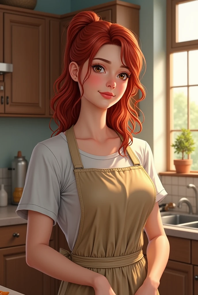 A white woman, with medium wavy red hair with an apron, hair tied up and a kitchen as the setting 