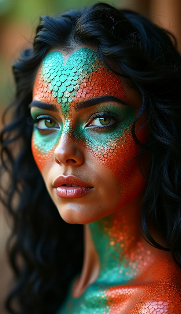 A Mexican woman with dragon-like features, her skin adorned with a mosaic of vibrant scales in shades of turquoise and fiery red, reflecting the colors of traditional Mexican art and the landscapes of deserts and jungles. Her eyes are a striking emerald green, glowing with the intensity of a hidden jungle. Her facial features are bold and expressive, with high cheekbones and a proud, defined jawline, embodying the strength and cultural richness of Mexico. Her dark, wavy hair is threaded with small, iridescent scales, adding a touch of mysticism and ancient power, reminiscent of the Quetzalcoatl legends.