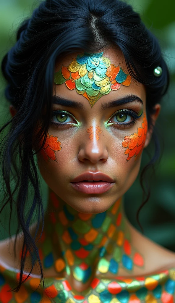 A Mexican woman with dragon-like features, her skin adorned with a mosaic of vibrant scales in shades of turquoise and fiery red, reflecting the colors of traditional Mexican art and the landscapes of deserts and jungles. Her eyes are a striking emerald green, glowing with the intensity of a hidden jungle. Her facial features are bold and expressive, with high cheekbones and a proud, defined jawline, embodying the strength and cultural richness of Mexico. Her dark, wavy hair is threaded with small, iridescent scales, adding a touch of mysticism and ancient power, reminiscent of the Quetzalcoatl legends.