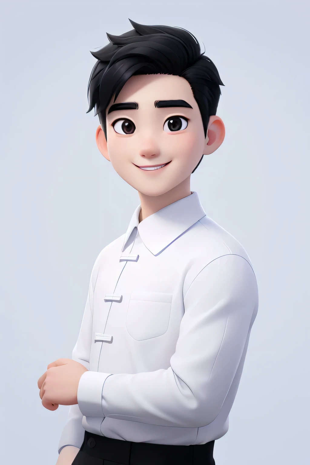 A 30-year-old、White shirt，Chinese male with short black hair, Round face, Round Face，Charming smile, and black eyes, Direct vision